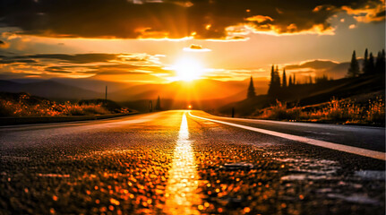 Poster - AI generated illustration of sunset over deserted road