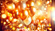     Ir a la página|1234567Siguiente

Festive background birthday party invitation layout with golden helium balloons, serpentine, confetti, lights, sparkles and bokeh