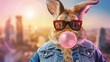 Trendy Bunny Blowing Pink Bubblegum in Urban Setting