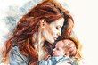 A painting depicting a woman tenderly holding a baby in her arms