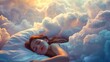 Calming scene of a young woman sleeping on a heavenly cloud pillow
