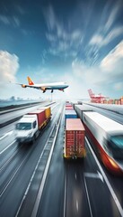 A transportation cargo ship container with train and truck on the highway with an airplane