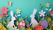Festive Easter Card Frame with Rabbits, Blooms, and Eggs
