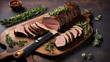 A cutting board with a knife and a cooked beef tenderloin surrounded by rosemary