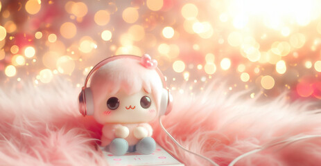 Wall Mural - A cute doll sits and listens to music amidst flowers in the bokeh background. copy space