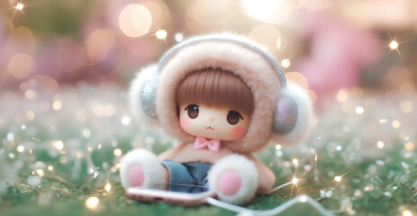 Wall Mural - A cute doll sits and listens to music in the bokeh background. copy space