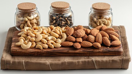 Wall Mural - A tempting selection of nuts, including almonds, cashews, and pine nuts, arranged in an appeali
