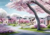 Fototapeta Kuchnia - Modern fashionable housing, cottages among the park with sakura, Ai-generated