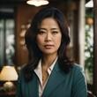 A stylish and confident Asian businesswoman in a green suit poses for a portrait in an elegant office setting, exuding professionalism and poise