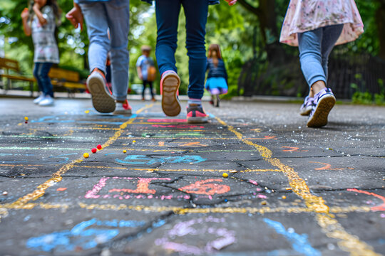 Detailed view of a chalk-drawn hopscotch game on pavement, with children's feet jumping from square to square