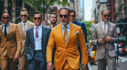 Wall Mural - A young man in an amber suit walks down the street, surrounded by other men dressed in suits and wearing sunglasses