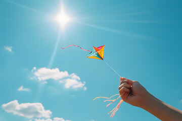 detailed view of a hand holding a kite string, with the colorful kite flying against a sunny blue sk