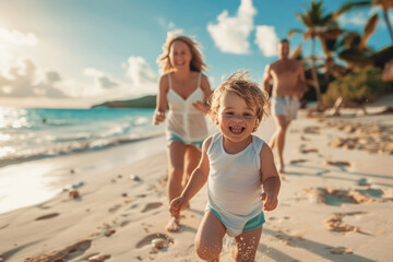 Happy family on vacation on the beach with a child running towards a camera in the foreground. Generative AI