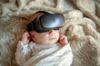 Newborn baby with VR glasses on his head. Generative AI