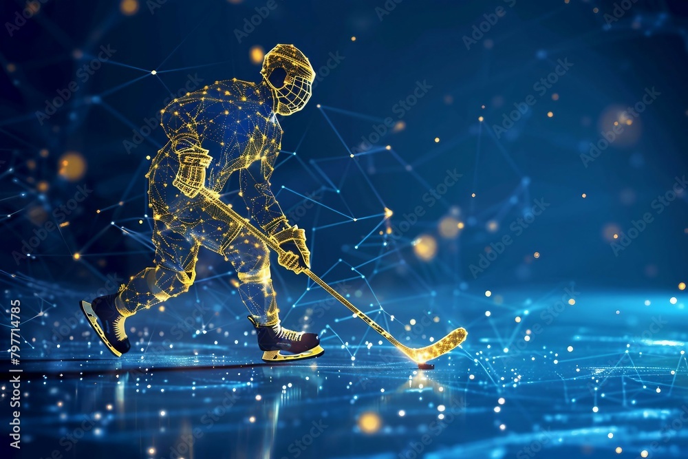 technology in hockey game, digital yellow low poly hockey player with ...