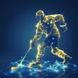 technology in hockey game,  digital yellow low poly hockey player with glowing data streams, ai in sports analytics, game strategy optimization algorithms. wireframe player. 
