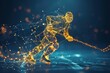 technology in hockey game,  digital yellow low poly hockey player with glowing data streams, ai in sports analytics, game strategy optimization algorithms. wireframe player. 
