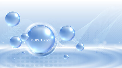 Moisturizer and hyaluronic acid on a blue background. skin care with water droplets is absorbed into the skin and cells. use ads, lotions, serums, creams. medical and scientific concepts. vector.