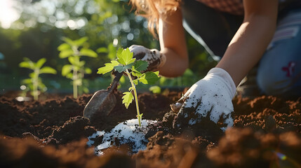 Wall Mural - Woman fertilizing soil with growing young sprout outdoors, selective focus