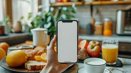 hand holding a smartphone with a blank screen in front of a breakfast setup