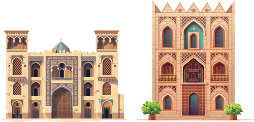 Islamic heritage buildings. Old brick building traditional arabic architecture, facade palais from arabia