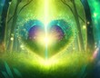 colorful fantasy heart, light beam, green forest field