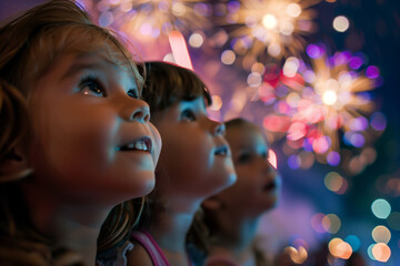 children's faces filled with wonder and amazement as they gaze at fireworks in the sky