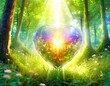 colorful fantasy glass heart, light beam, green forest field