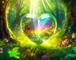 colorful fantasy glass heart, light beam, green forest field