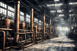 Tinted snapshot of old industrial interior of Factory floor with pipes and utilities. Luxurious backdrop for presentation and design of poster with author space for text or logo