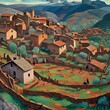 AI generated illustration of an Italian village scene with pedestrians walking in a painting