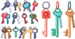 Cartoon keyrings. Apartment keys with keychain, key chain pendant