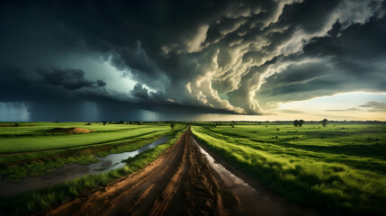 a storm over a field with a cloudy sky