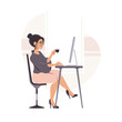Working woman at office working on computer and drinking coffee. Young girl with coffee sitting at desktop. Modern female worker in office interior. Cartoon vector isolated illustration