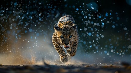 Sticker - AI generated illustration of a leopard sprinting through water with splashes