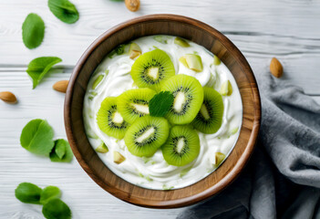 Wall Mural - AI generated illustration of fresh kiwi fruit salad with whipped cream and nuts in a bowl