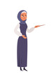 Presentation of arabian business woman. Muslim female with pointer in hand. Office, work, lecture, seminar. Cartoon vector illustration. Saudi teacher, manager, engineer, worker