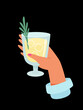 Woman hand with glass of alcohol cocktail or drink with ice vector illustration isolated on black background. Female person holds goblet with wine. People celebrating with toasts and cheering. Party