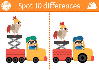 Wall Mural - Find differences game for children. Construction site educational activity with boy driver, auto tower with rooster. Cute puzzle for kids with funny worker. Printable worksheet with industrial vehicle