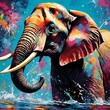 AI generated illustration of Colorful paint splashes surrounding an elephant