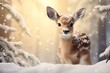 small deer in winter forest with snow falling down on them