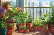a balcony with a bunch of plants on the patio and buildings behind
