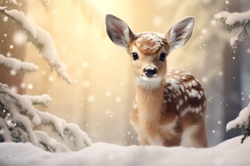 Sticker - small deer in winter forest with snow falling down on them