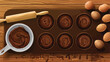 Muffin tray rolling pin eggs and cocoa powder on wood