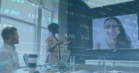Poster - Image of financial data processing over diverse businesspeople in office