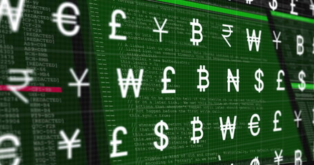 Poster - Image of currency symbols and data processing over screen