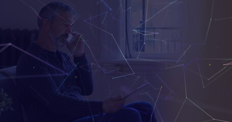 Poster - Image of network of connections over man using smartphone, talking