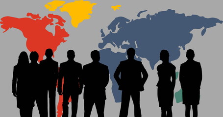 Poster - Digital image of increasing numbers against silhouette of businesspeople and world map on grey backg