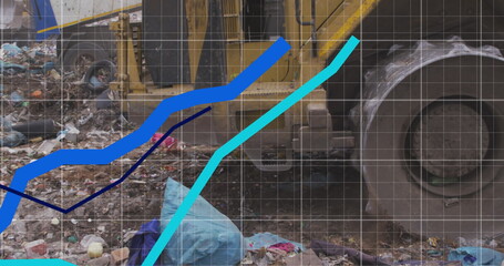 Wall Mural - Image of blue lines moving up over bulldozer waste disposal site