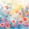 A colorful field of flowers with a bright sun shining down and a bokeh effect.